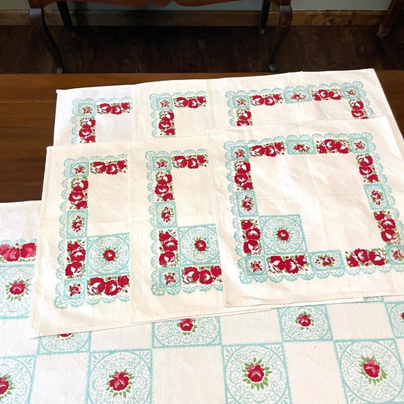 Vintage Aqua Red Printed Floral Cotton Tablecloth Six Napkins Set READ PLEASE - Picture 2 of 15